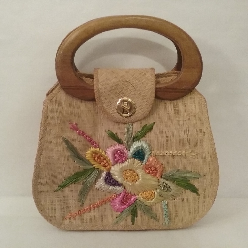 Wood Handle Raffia Straw Purse Vintage Whidby